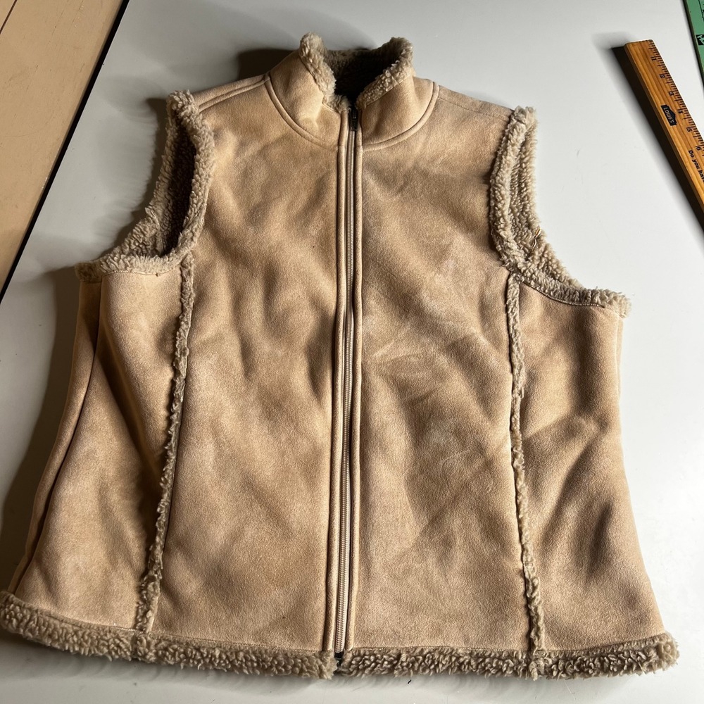 LL Bean Womens Large Tan Faux Suede Sherpa Lined Vest Floral Embroidered 0DHH9